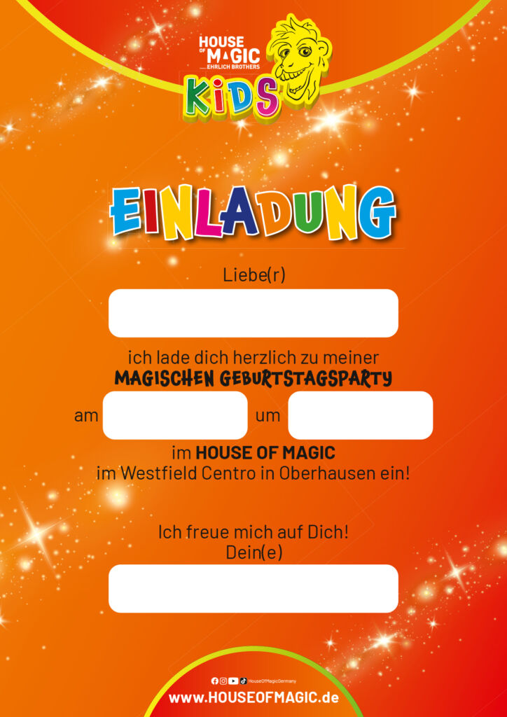 HoM KIDs Einladung Geburtstag A4_12.2023.indd Einladung Kindergeburtstag im HOUSE OF MAGIC Oberhausen