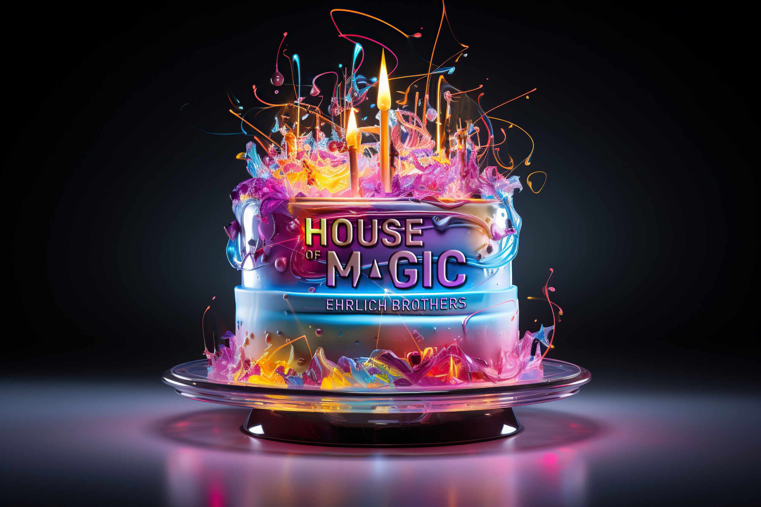 Geburtstag House of MagicColorful, neon, vibrant birthday cake with candles on a dark bac Colorful, neon, vibrant birthday cake with candles on a dark background